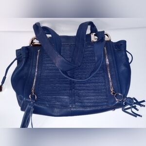 B Makowsky Womens Blue Leather Shoulder Double Strap Handbag Chrome Hardware